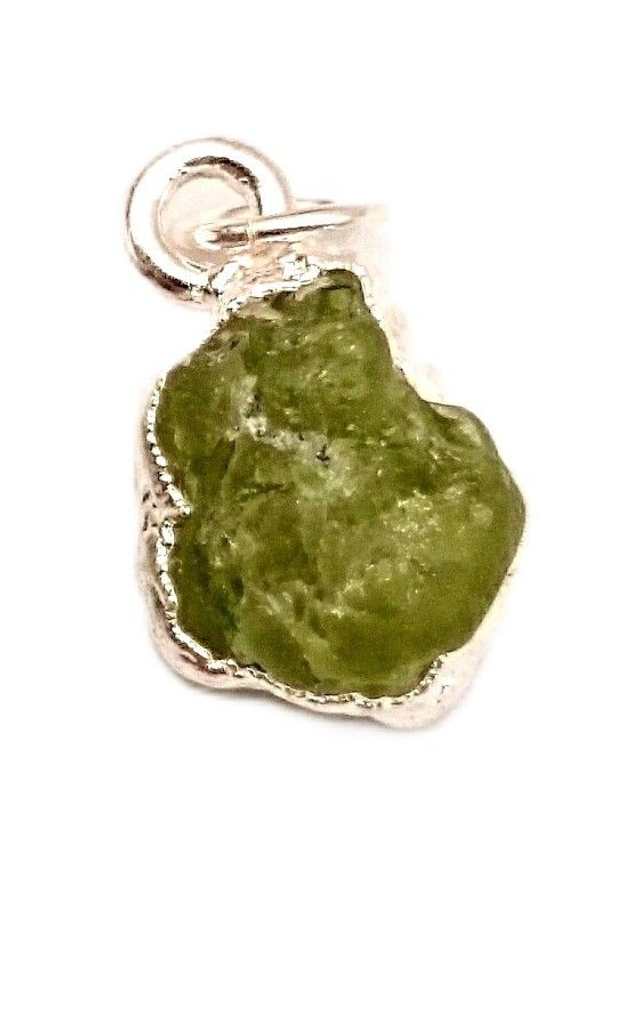 August - Peridot - Birthstone Necklace - Raw, Wrapped with Sterling Silver