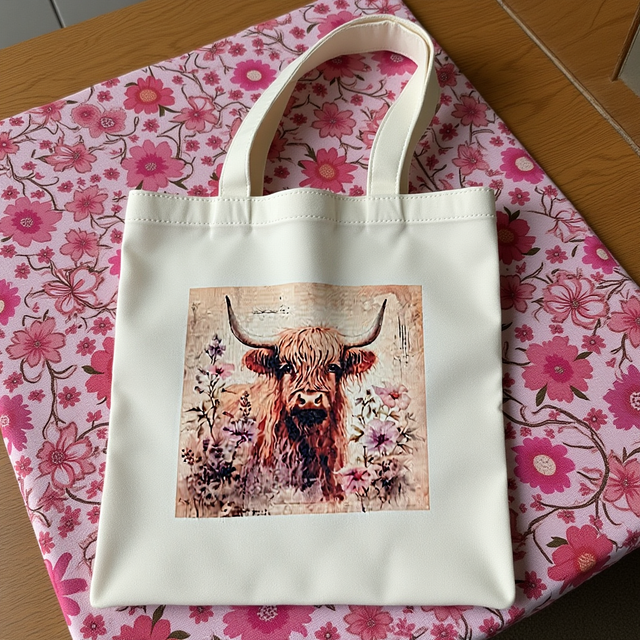 A tote bag with a highland cattle theme surrounded by pastel purple flowers, polyester canvas size H33cm xW29cm medium 