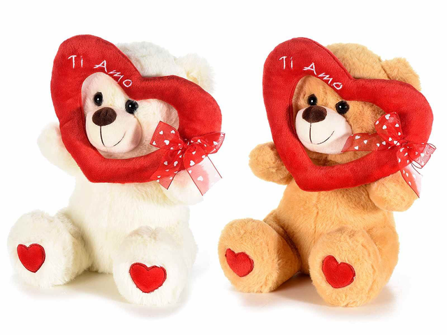 Orsetto peluche con cuore imbottito e fiocco organza