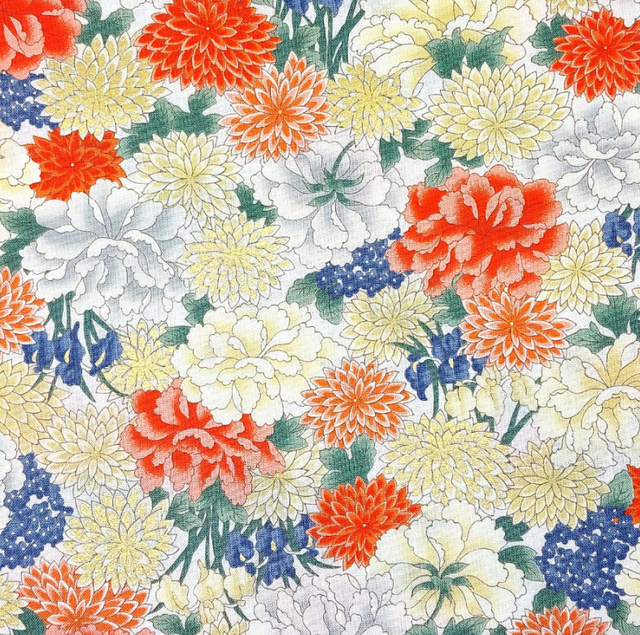 Tissu Japonais Motifs Pivoine, Chrysanthèmes et Iris
