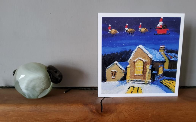 Father Christmas and his flying sheep over Lady&#039;s Chapel Osmotherley. 6x6&quot; christmas card