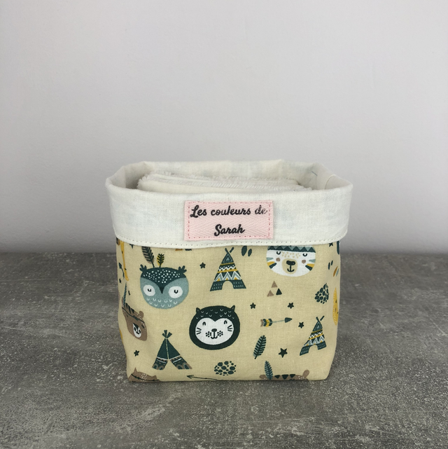 Lingettes lavables et Pochon écru animaux indiens 