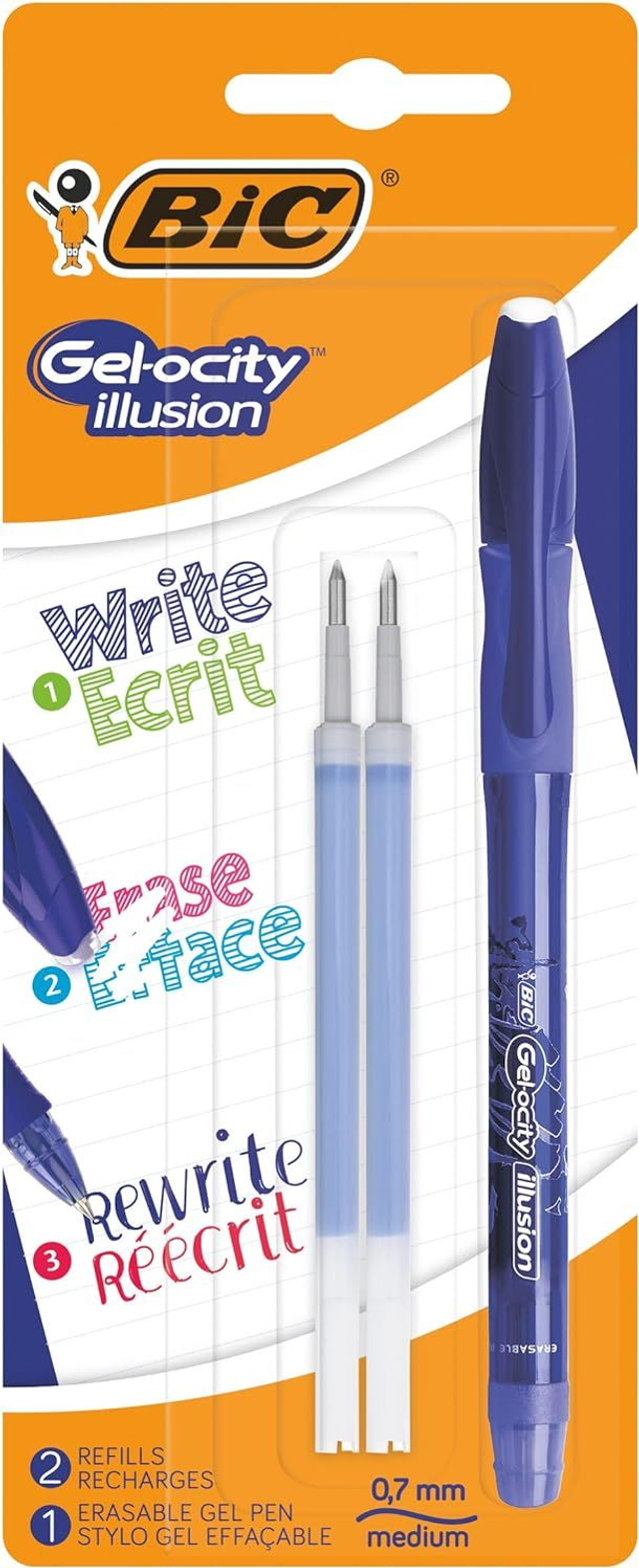 BIC Gel-ocity Illusion - Stylo Gel Effaçable Pointe Moyenne (0,7 mm) - Bleu, Blister de 1 + 2 Recharges