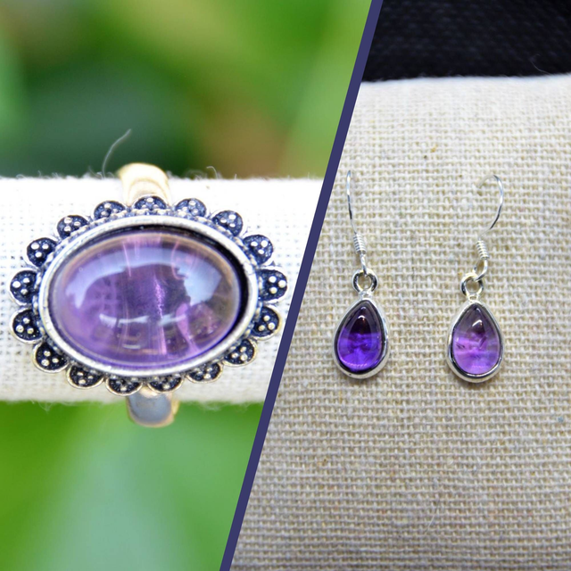 Parure bague et boucles d'oreilles en améthyste