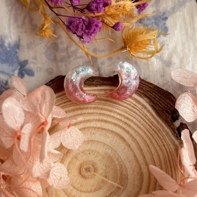 Crescent Moon Stud Earrings - Pink and White - Valentine’s Day Collection