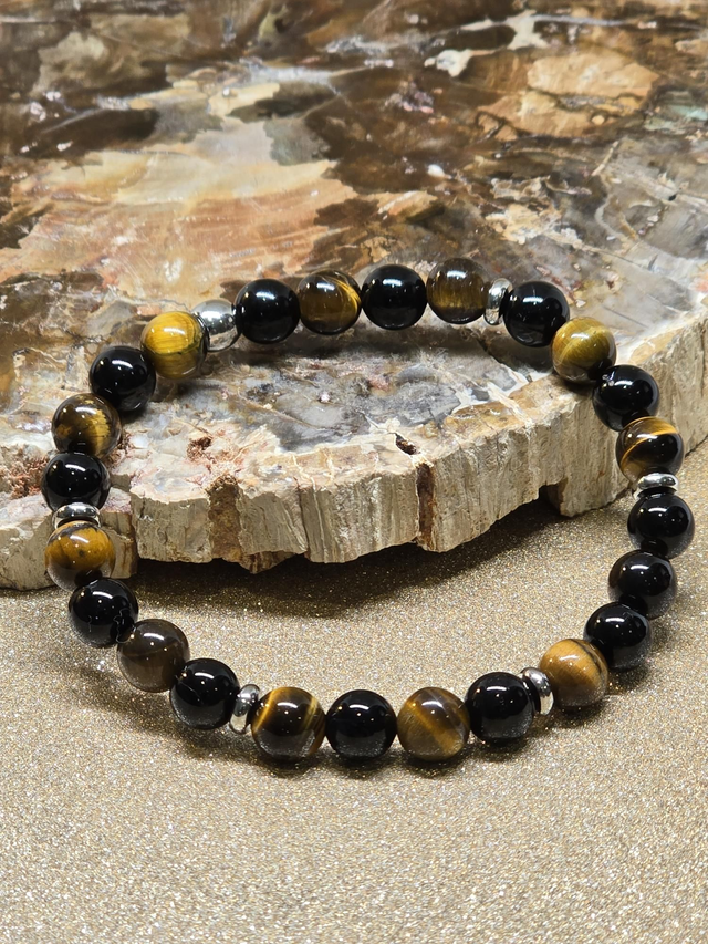 Bracelet Œil de tigre et Onyx en 0,8 cm 