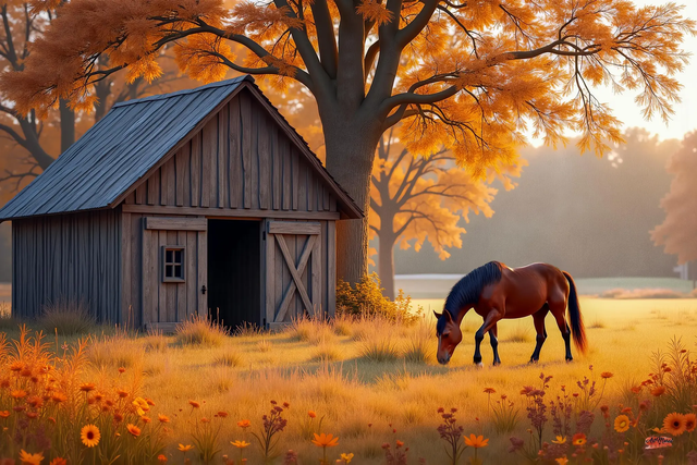 Tableau Cheval Broutant 🐎 | Déco Murale Automne & Ambiance Campagne – Toile Rustique 🍂