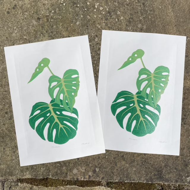 Monstera - four layer reduction Lino Print, limited edition 