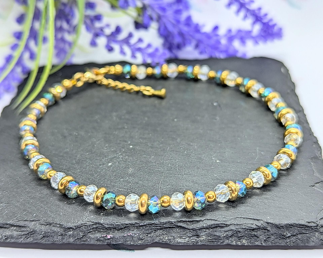 Gold Tone Plated Stainless Steel, Blue &amp; Clear Beaded Anklet