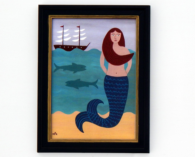 Framed Naive Mermaid Folklore Fine Art Print With Sailboat