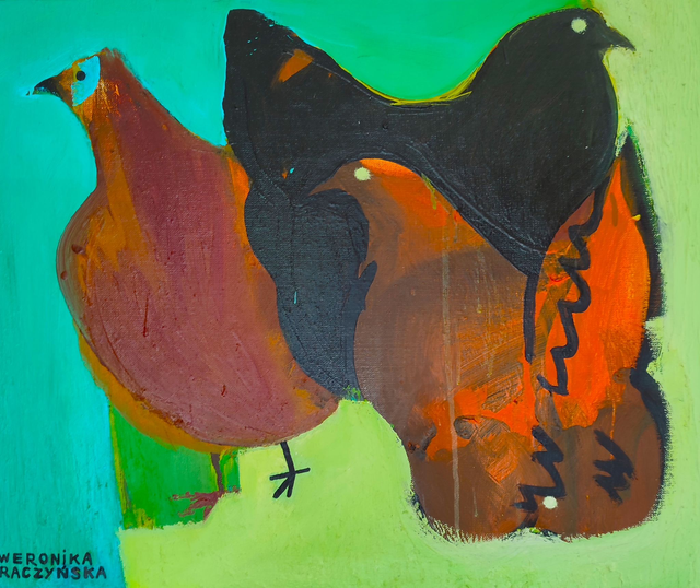 Kury brązowopióry, 50x60 olej płótno
