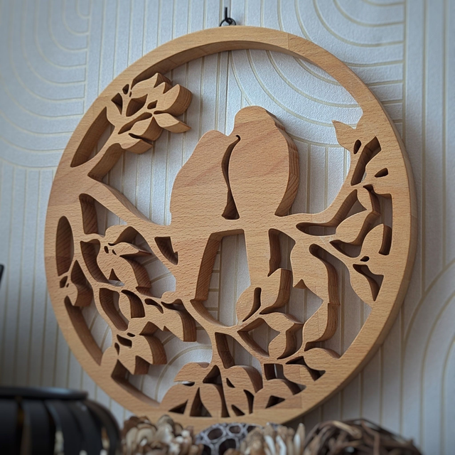 Tableau oiseaux amoureux en hêtre