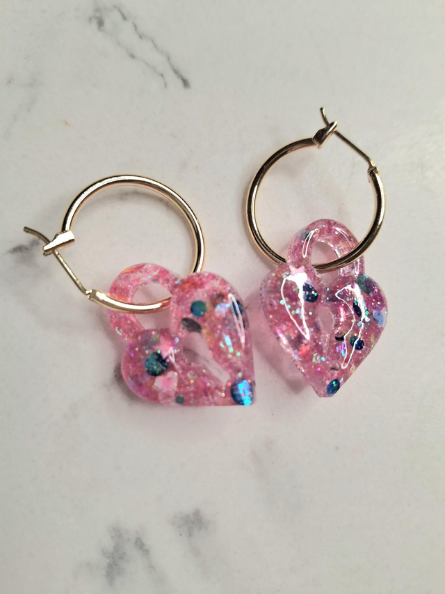 Pink glitter padlock charm hoops