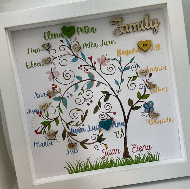 Personalised family tree frame. Handmade family gift.