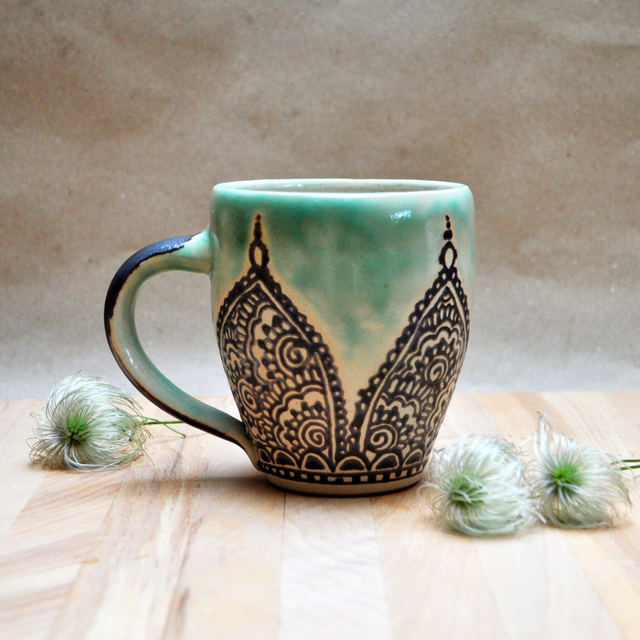 Large Stoneware Mug with Henna Mandala Patterns, handmade ceramics, colorful art mug in turquoise green colors