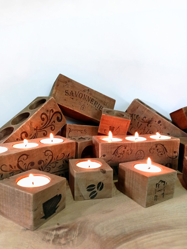 lot de photophores vintage en bois de charpente par l&#039;Artelier de julien