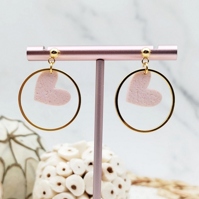 Boucles d'oreilles Cœur Rose Poudré Doré