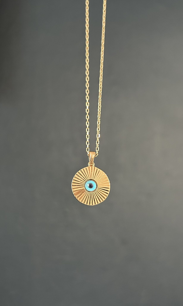 Evil Eye Gold Surround Disc Pendant Necklace 