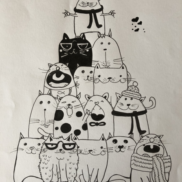 Chats en pyramide - 21 x 30 cm - encadrement 