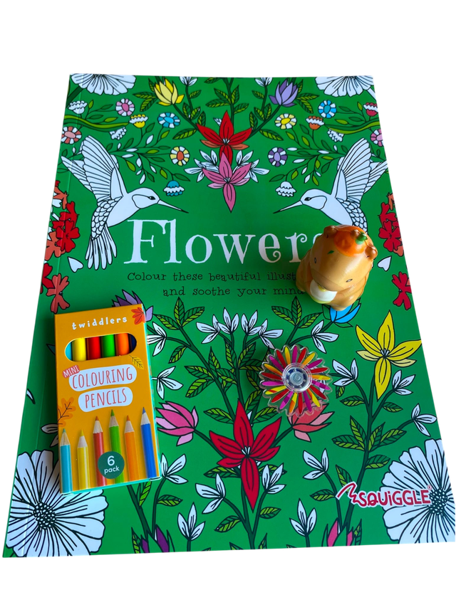 Kids Flowers Activity Set – Mindful Colouring Book, Pencils, Squishy &amp; Spinner Toy  