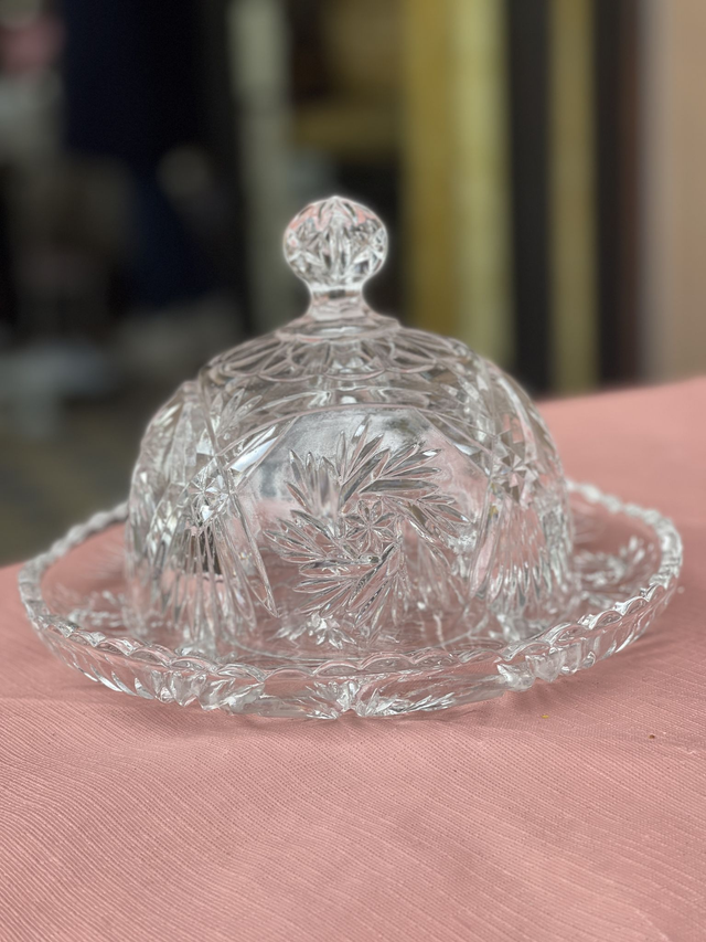 Glasglocke mit Teller Cloche geschliffen Kristall