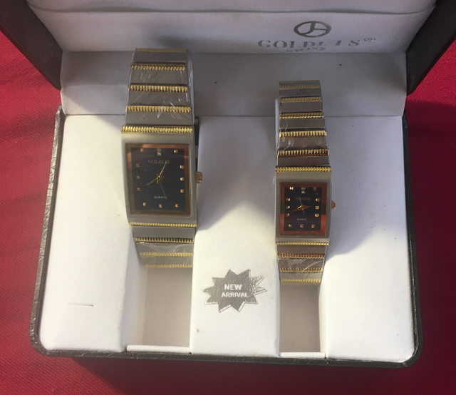 Goldis Rectangle Black Watch Faces Matched Pair Golden Band 
