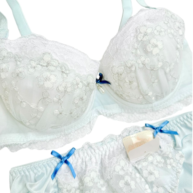 Pastel Blue pearl Japanese Bra + Underwear Set UK 32C  