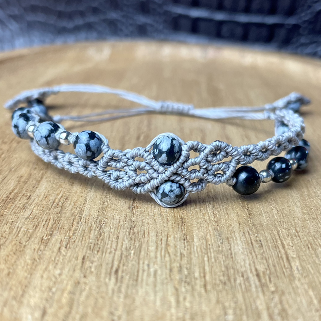 Bracelet macramé - Obsidienne neige