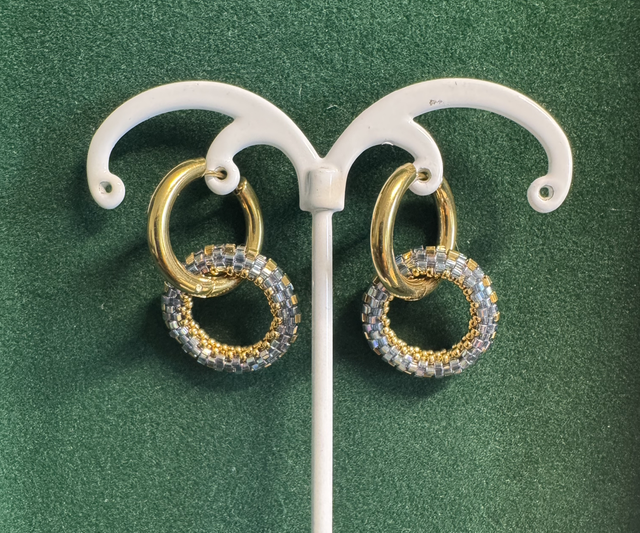 Créoles Anneau de Perles Tissées - Bleue et Or - Acier Inoxydable 