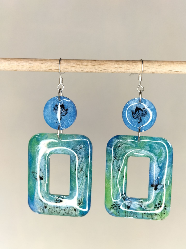 Boucles pendantes rectangulaires turquoises