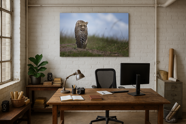 Leopardo frontale Stampa Fine-Art su carta cotone Hahnemūhle Photo Rag Ultra Smooth 305 gr montata su pannello piuma spessore 15 mm