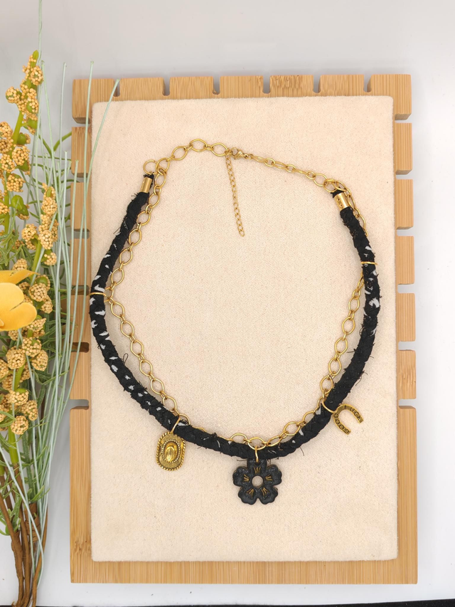 Collier Tissu Tresse Bandana Noir + Chaîne + Pampilles + Choupette Mohana 