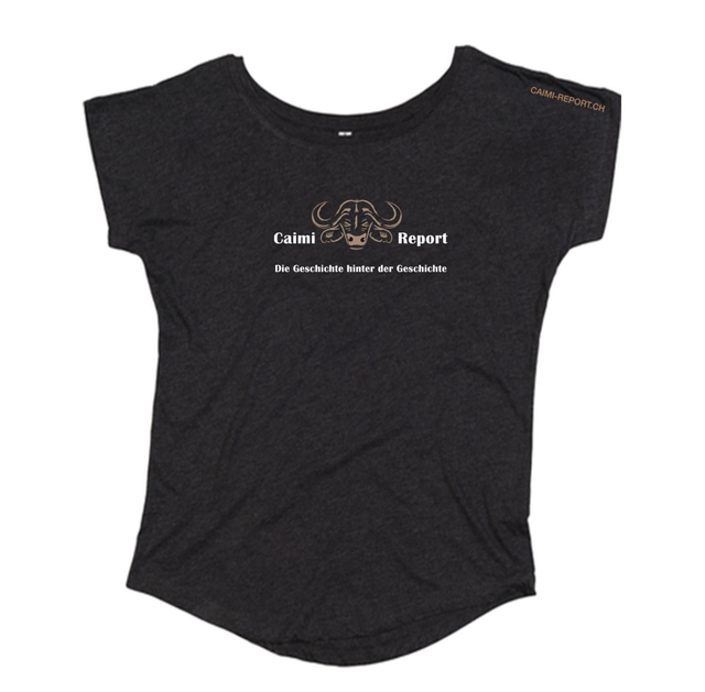 Ladies' T-Shirt, schwarz, mit Aufdruck Caimi-Report und Zusatz «Die Geschichte...»