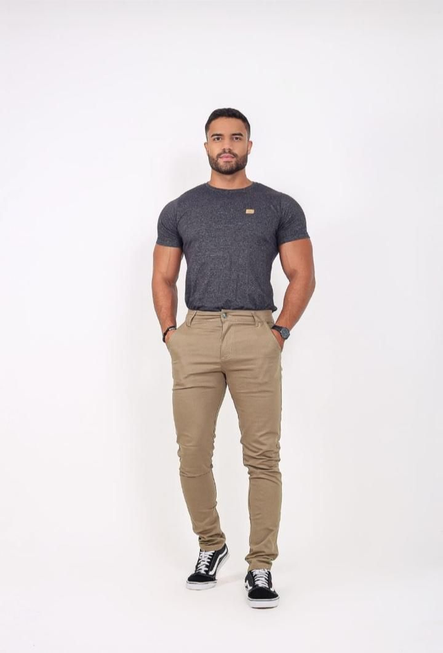 Calça casual em sarja masculina bege 
