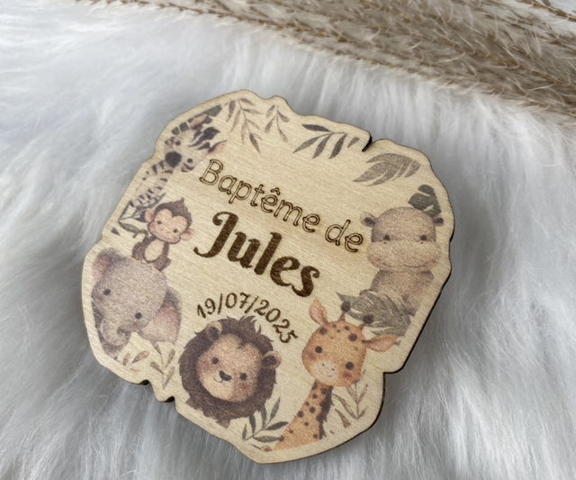 Magnets en bois baptême ou anniversaire thèmes savane, jungle, safari