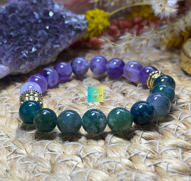 🌿🧘♀️ Bracelet en Agate mousse et Améthyste