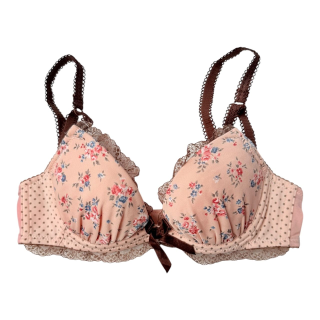 Pink + brown floral polka dot Japanese Bra UK 32A    