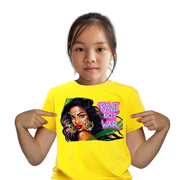 RAVE NOT WAR childrens kids toddler sustainable yellow cotton t-shirt by Jelly, Street Artist