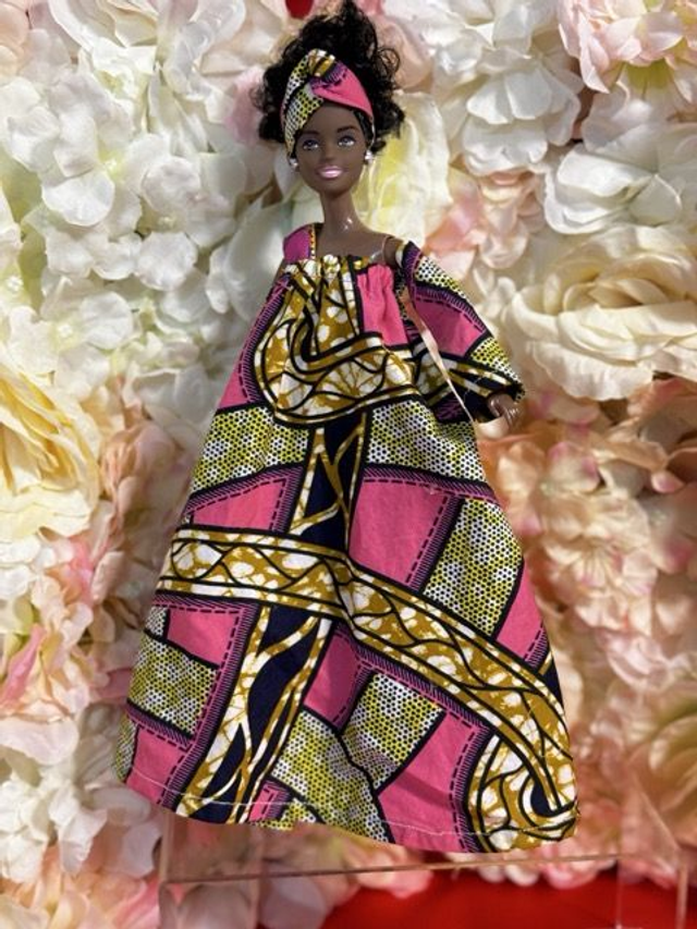 Poupée – Robe en Wax rose &amp; Coiffe assortie - Fait main
