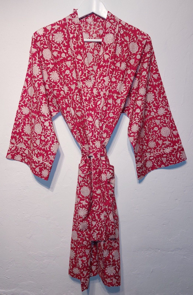 Robe kimono en coton imprimé à la main, peignoir, robe de chambre, motif floral rouge et blanc, L.100cm 