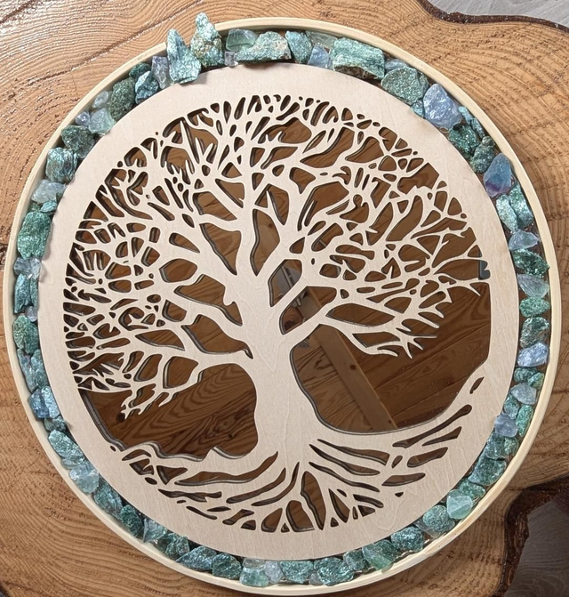 Miroir arbre de vie serti de Fukchite et Fluorite 