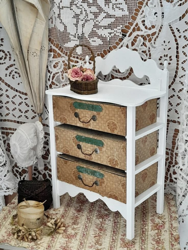 Petite commode ancienne 3 boîtes en tissu 
