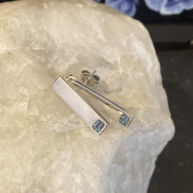 Vintage Blue Topaz & Sterling Silver Long Stud Earrings