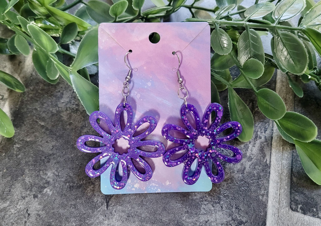 Earrings | Purple Glitter Flowers | Stainless Steel Shepherd Hooks