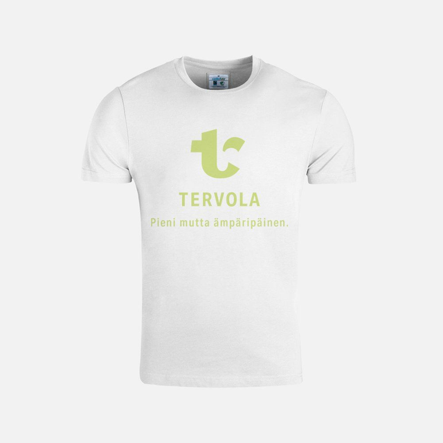 Tervola, pieni mutta ämpäripäinen T-paita (valkoinen vihreällä painatuksella)