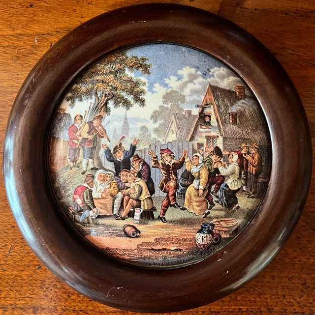 Antique English Victorian Pratt-ware Pot-lid “The Village Wedding”