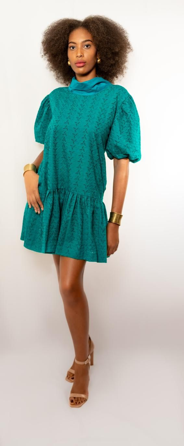 Robe filibo broderie anglaise coton vert émeraude 