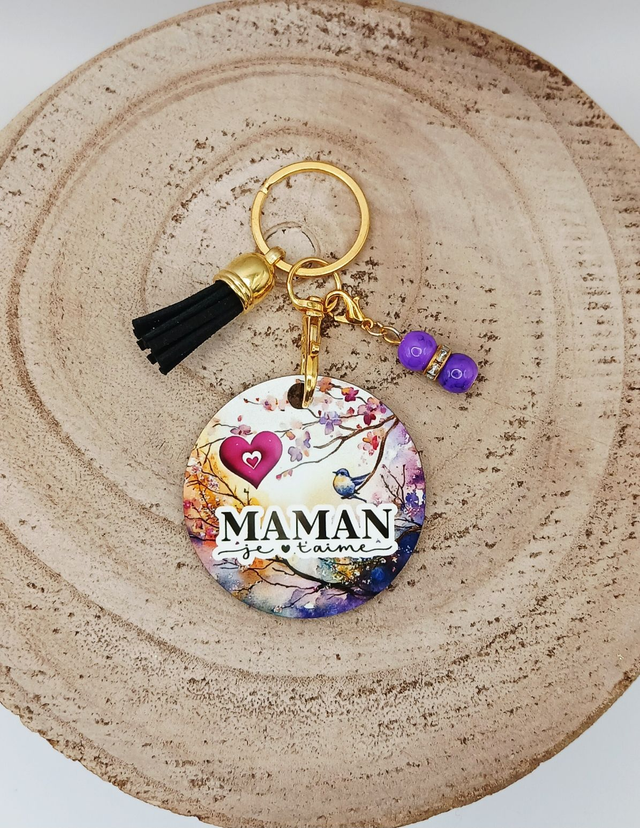 Porte-clé en MDF (bois) sublimé &quot;Maman je t&#039;aime&quot; avec 2 breloques. 