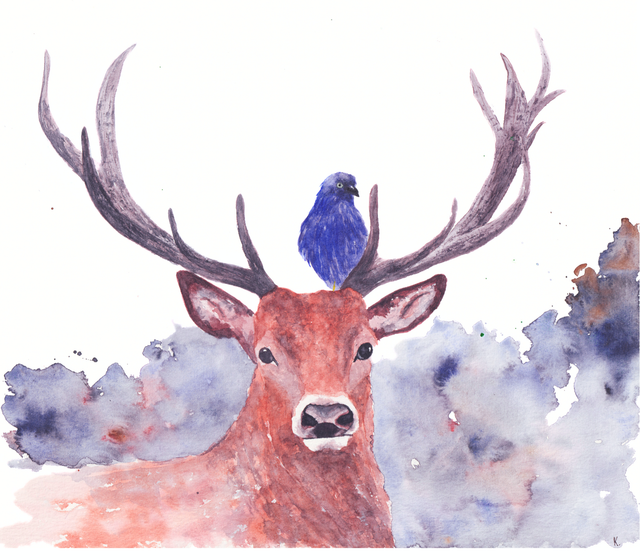 Cerf et oiseau bleu