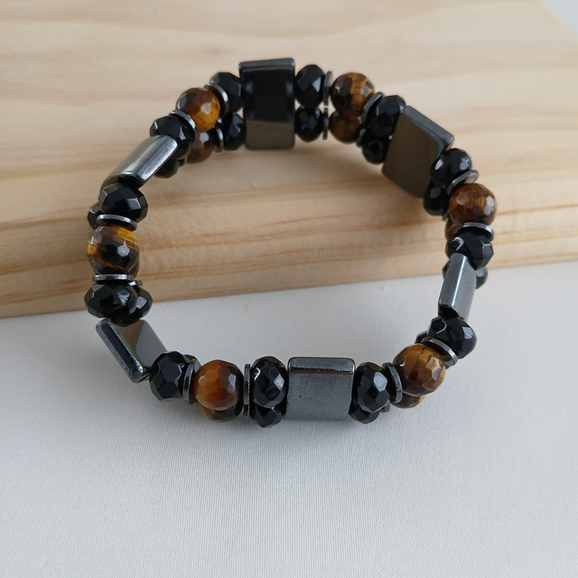 Herenarmband Tijgeroog, Onyx en Hematiet – Elastisch edelstenen sieraad (2.045)